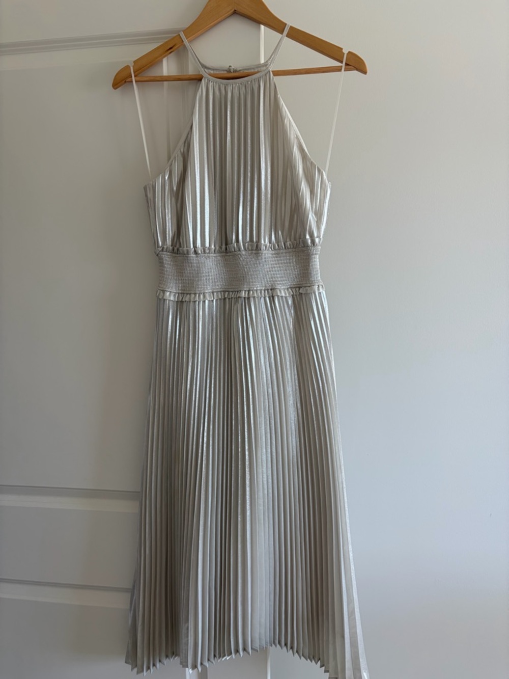 Express Metallic Silver Pleated Halter Midi Dress